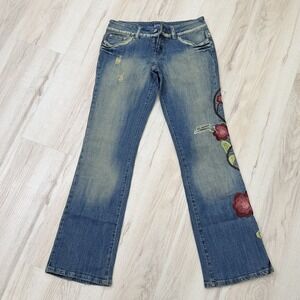 VTG Guess Jeans Women 29 Blue Bootcut Floral Embroider Distressed Stretch Denim